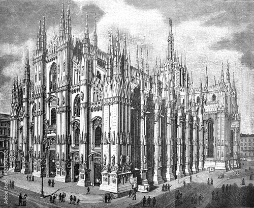 Mailänder Dom (Dom de Milan)  Milan Cathedral / Antique engraved illustration from Brockhaus Konversations-Lexikon 1908 photo