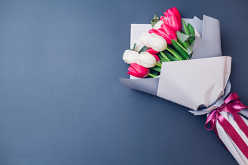 Spring flowers. Women's day background. Bouquet of white and ping tulips. Present gift for Mother's day. Space