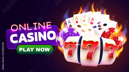 Burning slot machine, dices, poker cards wins wins the jackpot. Fire casino concept. Hot 777.