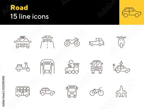 Road line icon set. Taxi, train, airplane, jeep, subway. Transport concept. Can be used for topics like vehicle, trip, journey, traffic
