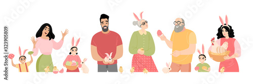 Easter family picture. Happy men, women and children with painted eggs, rabbits and chickens