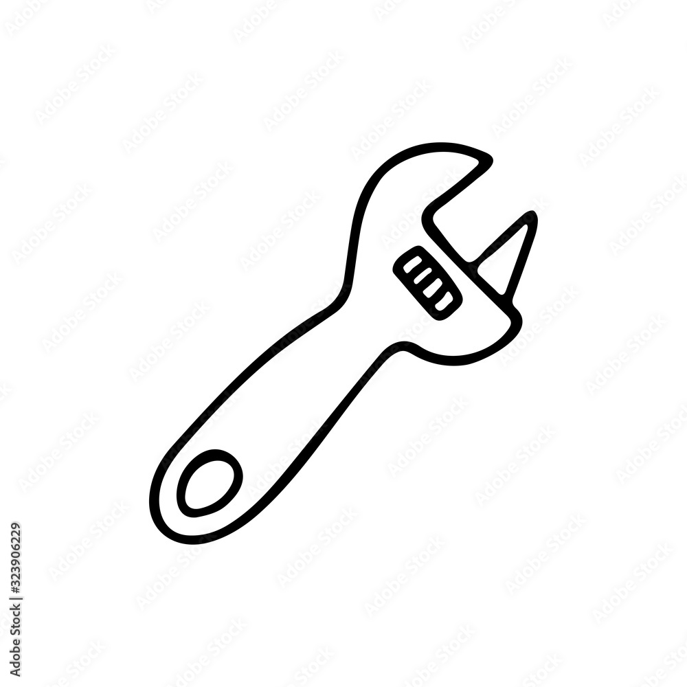 Crescent or monkey wrench in doodle style. Isolated outline. Hand drawn vector illustration in black ink on white background. Crescent or monkey wrench in doodle style. Isolated outline. Hand drawn vector illustration in black ink on white background.