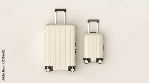 White luggage set on white background, top view image, flat lay composition. Travel minimalist concept, black and white classic baggage mockup, small and big. Suitcase accessory set, journey concept. photo