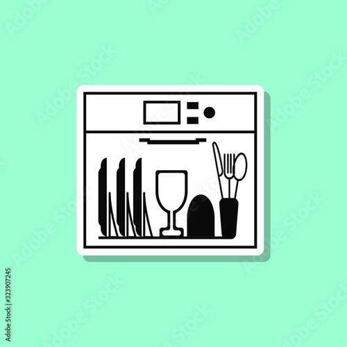 Dishes in the dishwasher sticker style icon. Simple thin line, outline, glyph, flat vector of wash icons for ui and ux, website or mobile application