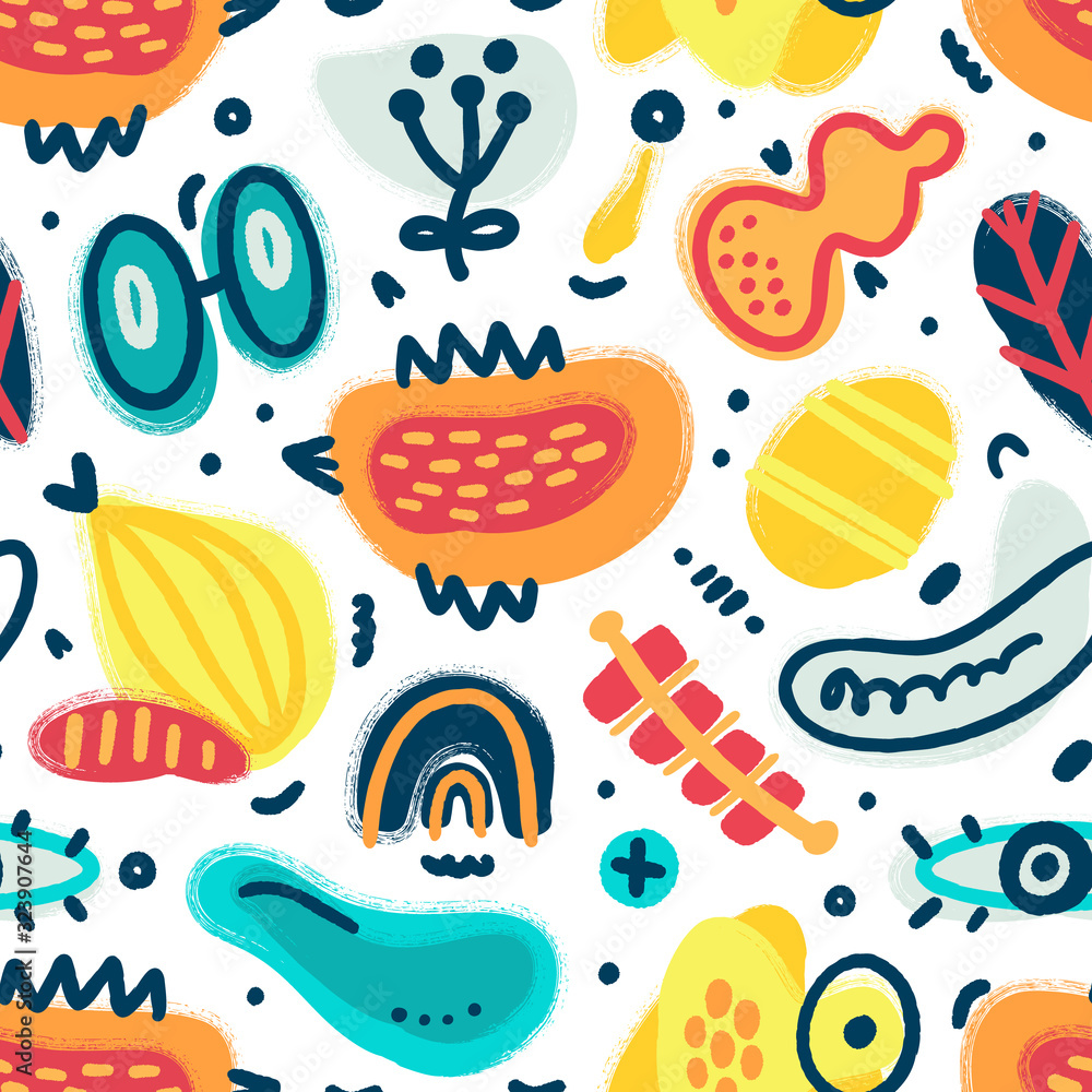 Vector seamless pattern with hand drawn different textured shapes and decorative elements. Folk style. Unique artistic design.. Creative background. Wallpaper, textile, wrapping, print on clothes
