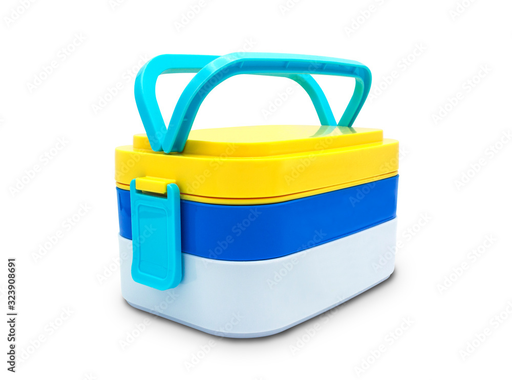 Lunch box yellow blue and white color with handle on a white background with clipping path. Lunch box yellow blue and white color with handle on a white background with clipping path.