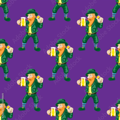 Seamless dwarf pattern with a beer glass and a coin on a purple background. Vector image