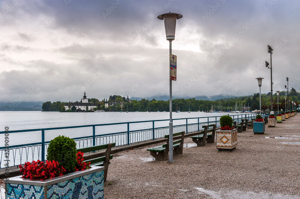 View at Gmunden promenade on a rainy day