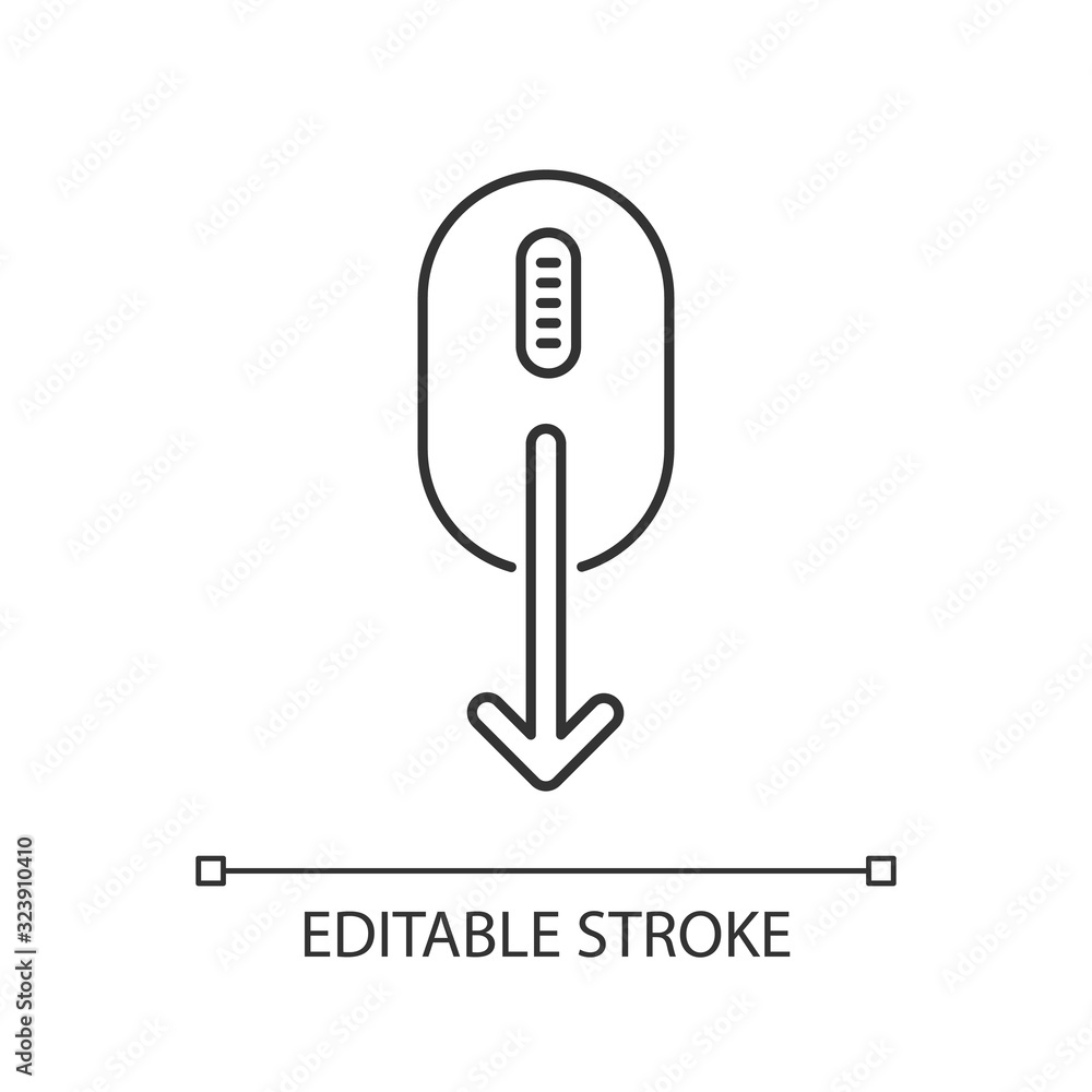 Mouse and down arrow pixel perfect linear icon. Web page scrolling down indicator. Thin line customizable illustration. Contour symbol. Vector isolated outline drawing. Editable stroke Mouse and down arrow pixel perfect linear icon. Web page scrolling down indicator. Thin line customizable illustration. Contour symbol. Vector isolated outline drawing. Editable stroke