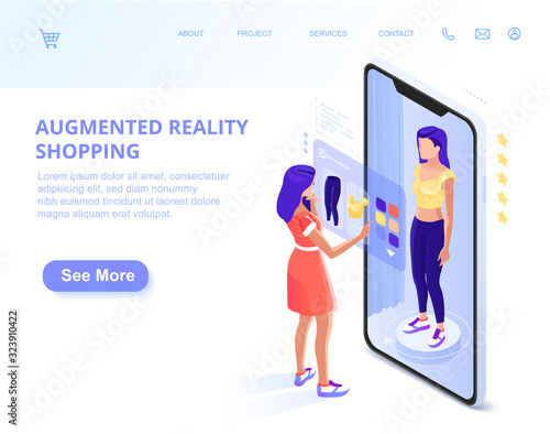 Augmented Reality. augmented reality online shopping. AR. The character uses a smartphone. Landing page template. 3d vector isometric illustration
