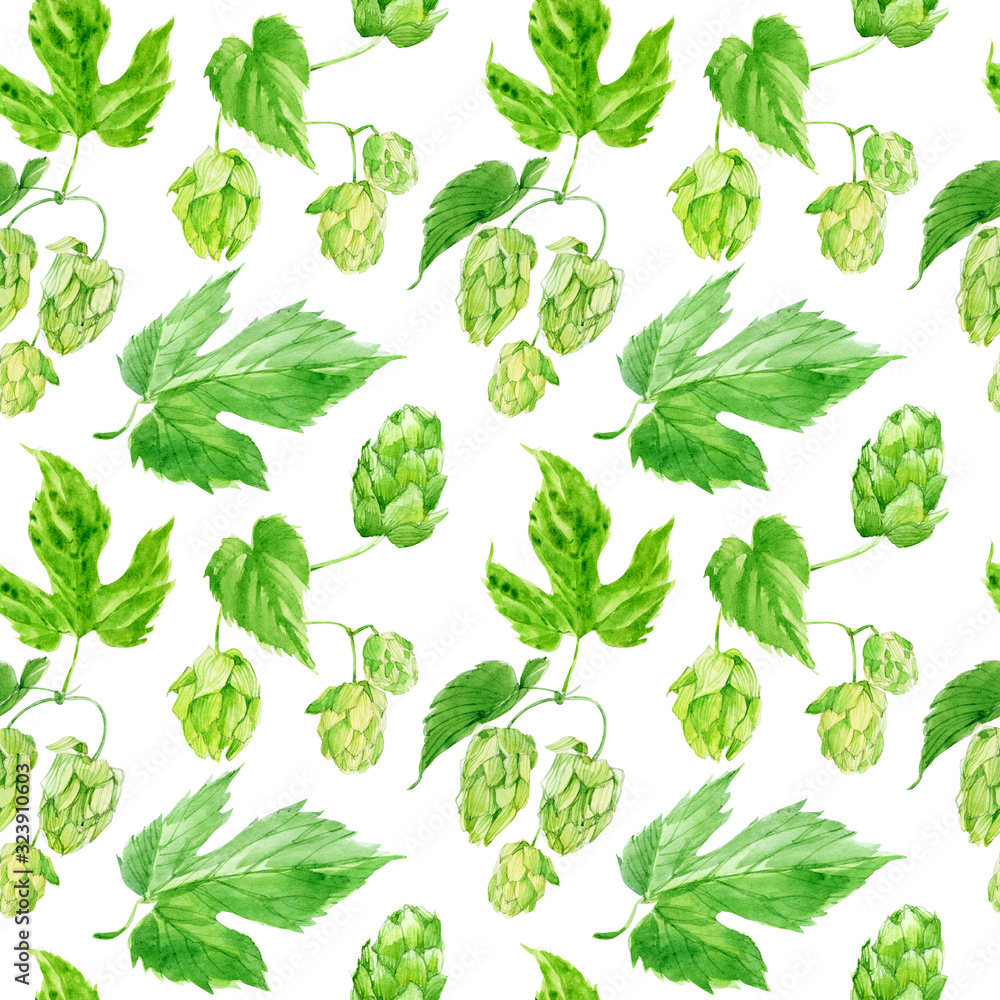 Seamless pattern with hops on white background, watercolor. Seamless pattern with hops on white background, watercolor.