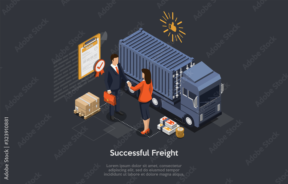 Isometric Successful Logistics Deals, Freight, Storage And Warehouse