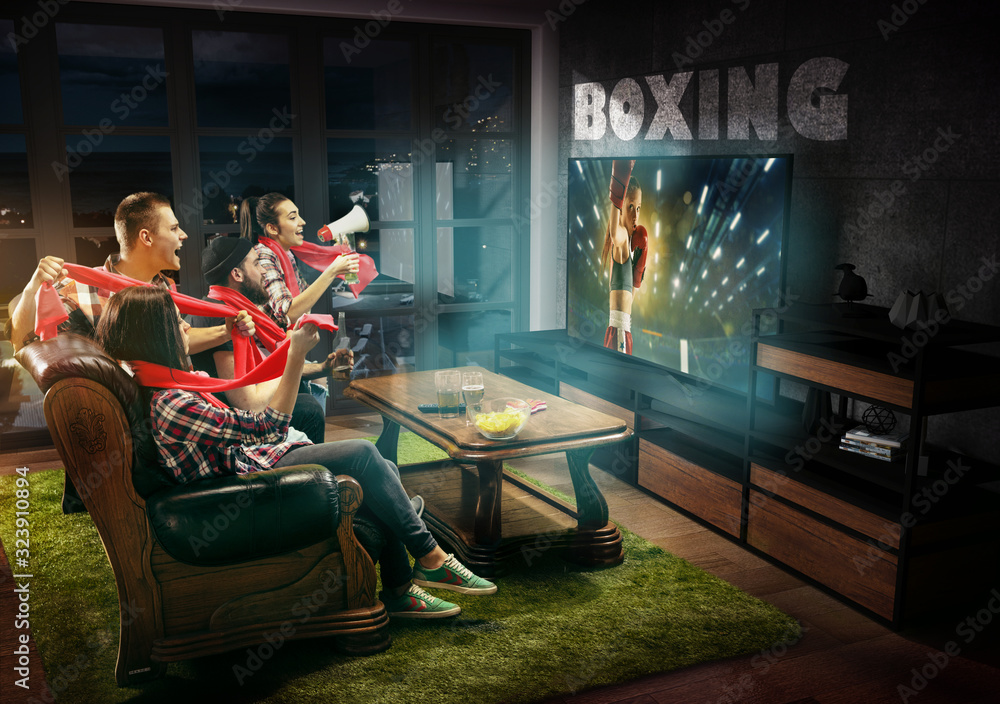 © master1305 - Group of friends watching TV, boxing match, championship, sport games. Emotional men and women cheering for favourite boxer, look on fighting. Concept of friendship, sport, competition, emotions.