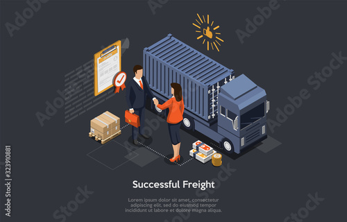 Isometric Successful Logistics Deals, Freight, Storage And Warehouse Concept. Truck, Cargo, Female Manager And male Happy Customer Conclude the Successful Deal And Shaking Hands. Vector Illustration