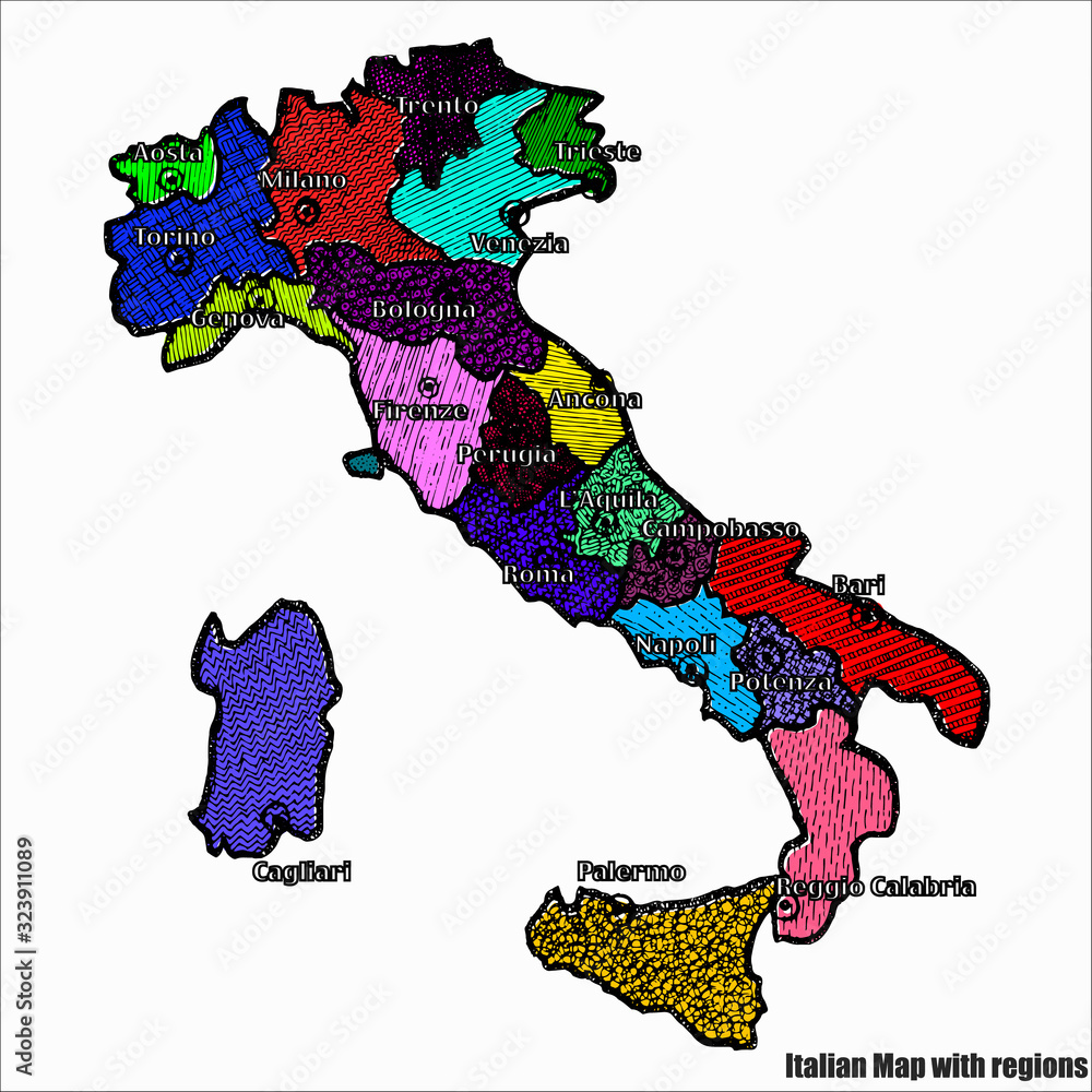 Obraz premium Map of Italy bright graphic illustration. Handmade drawing with map. Italy map with Italian major cities and regions. Colorful bright illustration