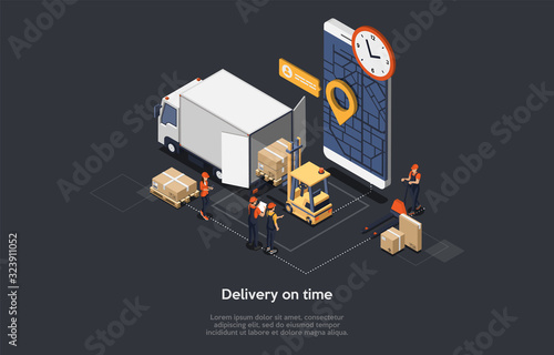 Isometric Concept Of On Time Delivery, Logistics Delivery Service And Staff. Workers Are Loading And Unloading Goods. Manager Controls Delivery Deadlines And Manage The Process. Vector illustration photo