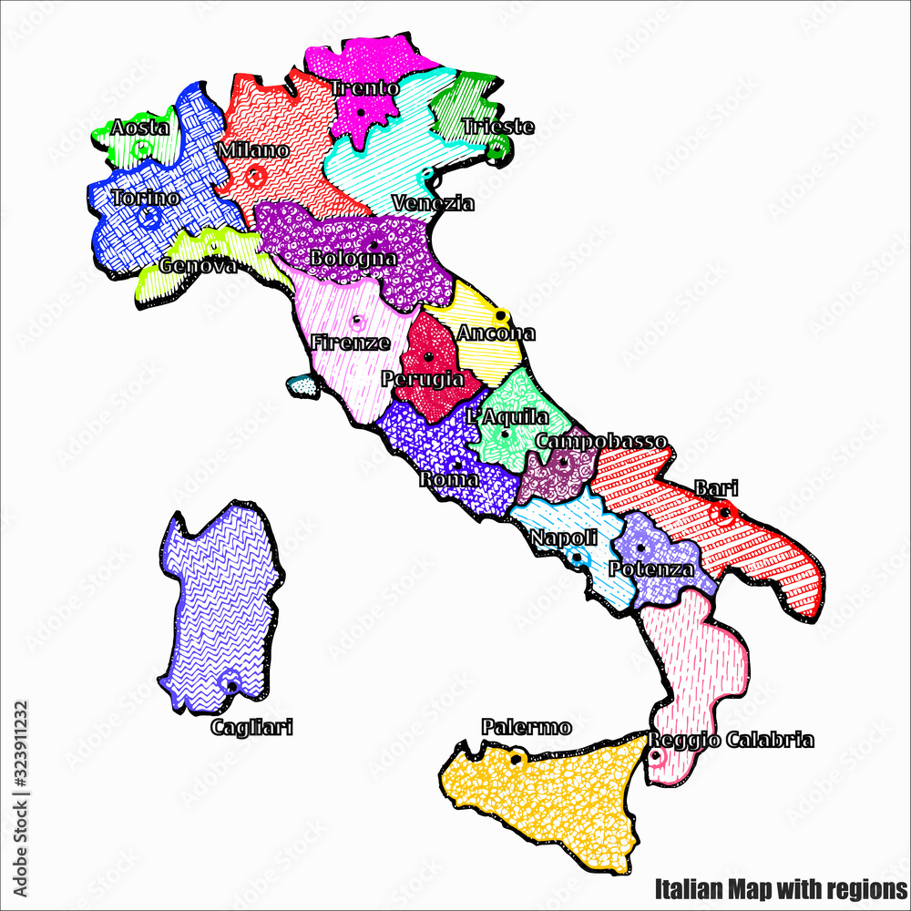 Map of Italy bright graphic illustration. Handmade drawing with map ...