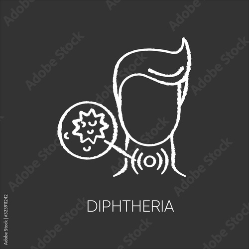 Diphtheria chalk white icon on black background. Contagious infectious disease, dangerous endemic oral infection. Sore throat, breath difficulties. isolated vector chalkboard illustration