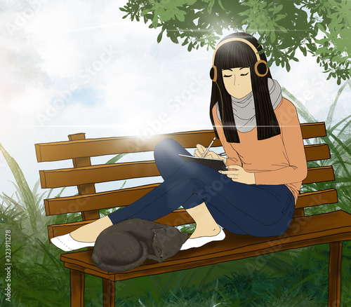 Illustration teenager sitting on the bench with sleeping cat  and listening to music from head phone, Digital paint a girl relaxing in the park in sunny day summer, working woman darwing on tablet photo