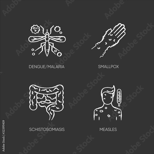 Contagious diseases chalk white icons set on black background. Malaria, smallpox, schistosomiasis and measles infections. Various infectious illnesses isolated vector chalkboard illustration