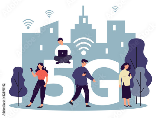 Young citizens using digital gadgets. Laptops an cellphones users using 5G high speed wireless internet connection. Vector illustration for interaction, telecom, wi-fi, smart city concept