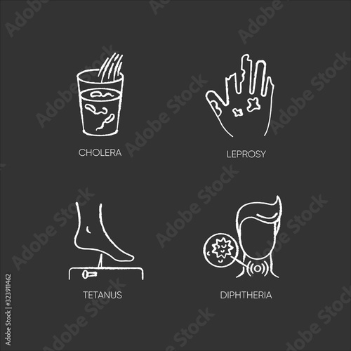 Endemic diseases chalk white icons set on black background. Cholera, leprosy, tetanus and diphtheria viruses symbols. Different bacterial infections isolated vector chalkboard illustration