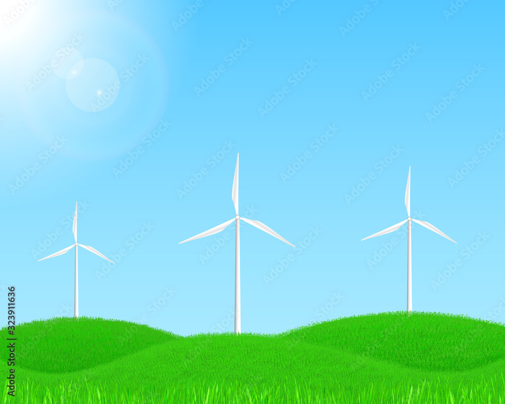 Fototapeta premium Wind turbines on green grassy field, with sunshine. Wind energy environmental concept.