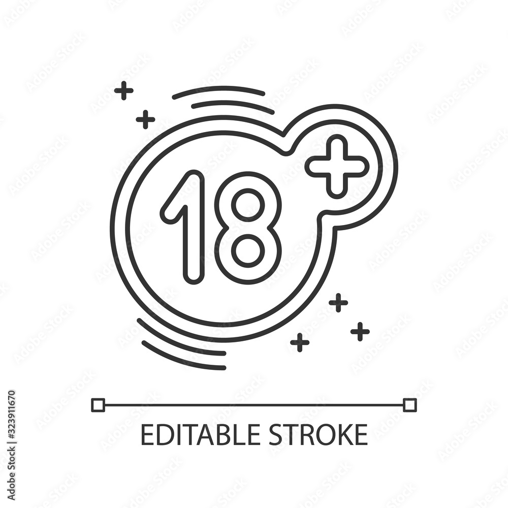 Eighteen plus pixel perfect linear icon. Thin line customizable illustration. Adults only restriction contour symbol. Mature content warning. Vector isolated outline drawing. Editable stroke Eighteen plus pixel perfect linear icon. Thin line customizable illustration. Adults only restriction contour symbol. Mature content warning. Vector isolated outline drawing. Editable stroke