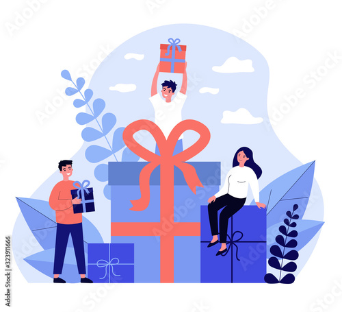 Loyal customers getting gifts and bonuses from store. Happy young people receiving gift boxes. Vector illustration for reward, loyalty program, promotion, marketing concept