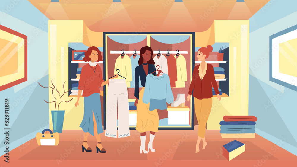 Wardrobe Parsing Concept. Women Designers Help To Parse Wardrobe For Woman Customer. Happy Woman Is Choosing Outfit, Sorting, Parsing Wardrobe With Friends. Cartoon Flat Style. Vector Illustration