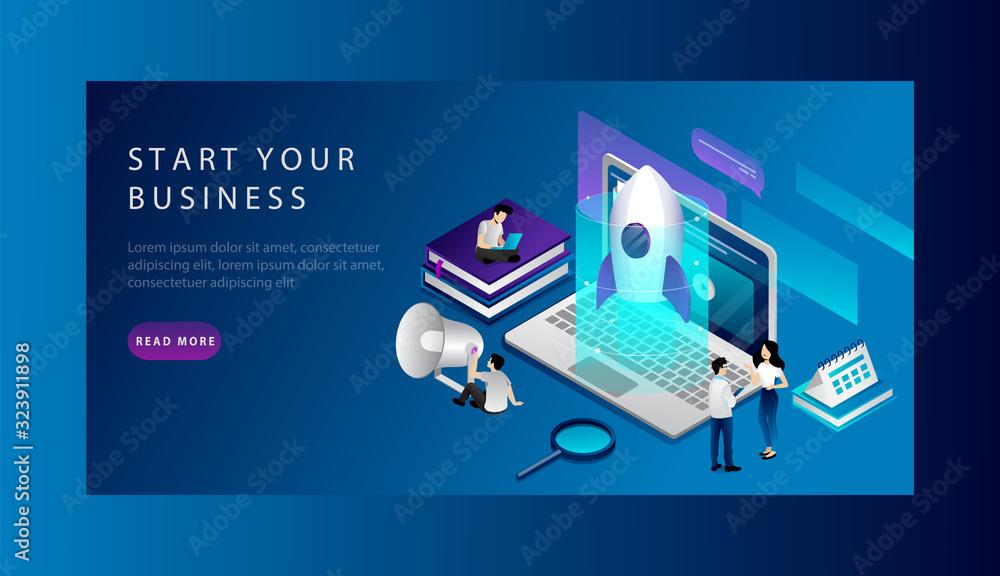 Isometric Concept Of Startup, Launch Business. Website Landing Page. People Are Analysing And Developing New Project. Embodiment The Ideas For Start New Business. Web Page Vector Illustration