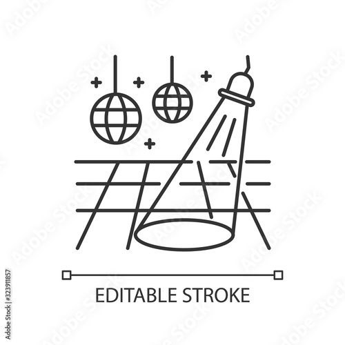 Dance floor pixel perfect linear icon. Thin line customizable illustration. Night club recreation activity, nightclub party contour symbol. Vector isolated outline drawing. Editable stroke