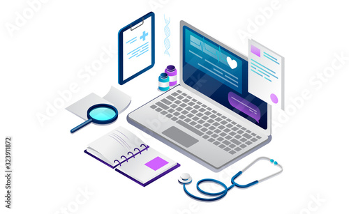 Isometric Concept Of Online Healthcare and Medical Consultation. Laptop With Cardiogram On The Screen, Note Cards, Stethoscope. Online Medical Appointment And Diagnosis. Cartoon Vector Illustration