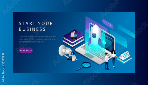 Isometric Concept Of Startup, Launch Business. Website Landing Page. People Are Analysing And Developing New Project. Embodiment The Ideas For Start New Business. Web Page Vector Illustration