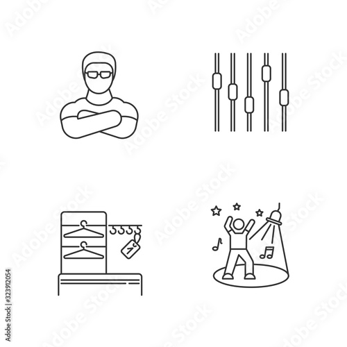 Nightclub pixel perfect linear icons set. Night club customizable thin line contour symbols. Bouncer, wardrobe, dance floor and equalizer isolated vector outline illustrations. Editable stroke