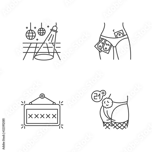 Adult club pixel perfect linear icons set. Night club customizable thin line contour symbols. Dance floor, signboard and strippers isolated vector outline illustrations. Editable stroke