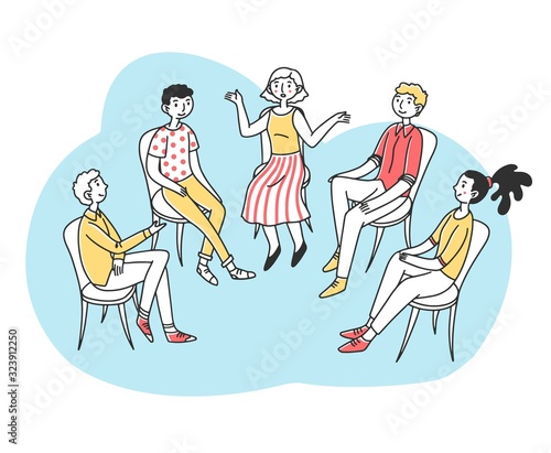 Patients discussing their psychological or addiction problem. Group of people sitting in circle and talking. Vector illustration for therapy, counseling, psychology, support, help, community concept