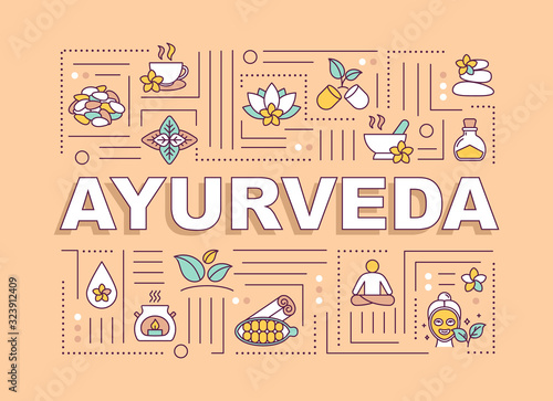Ayurveda word concepts banner. Ayurvedic medicine. Holistic healing. Illness prevention. Infographics with linear icons on orange background. Isolated typography. Vector outline RGB color illustration