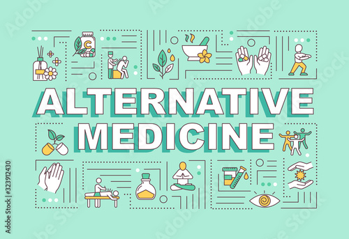 Alternative medicine word concepts banner. Complementary medical practices and techniques. Infographics with linear icons on mint background. Isolated typography. Vector outline RGB color illustration