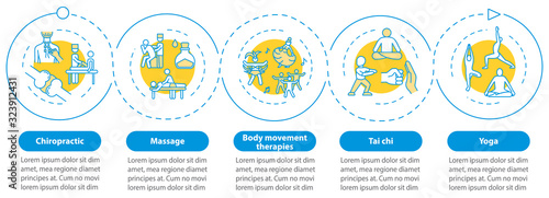 Sensory medicine vector infographic template. Massage, tai chi and yoga presentation design elements. Data visualization with five steps. Process timeline chart. Workflow layout with linear icons