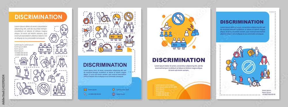 Gender discrimination brochure template. Sexism and prejudice. Flyer, booklet, leaflet print, cover design with linear icons. Vector layouts for magazines, annual reports, advertising posters