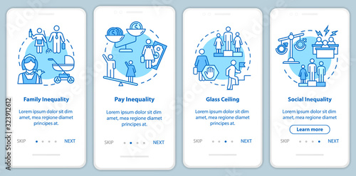 Sexual inequality onboarding mobile app page screen with concepts. Gender role stereotypes and pay gap walkthrough 4 steps graphic instructions. UI vector template with RGB color illustrations
