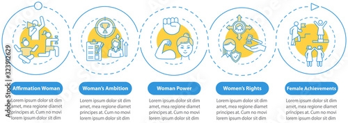 Women empowerment movement vector infographic template. Female ambitions presentation design elements. Data visualization with 5 steps. Process timeline chart. Workflow layout with linear icons