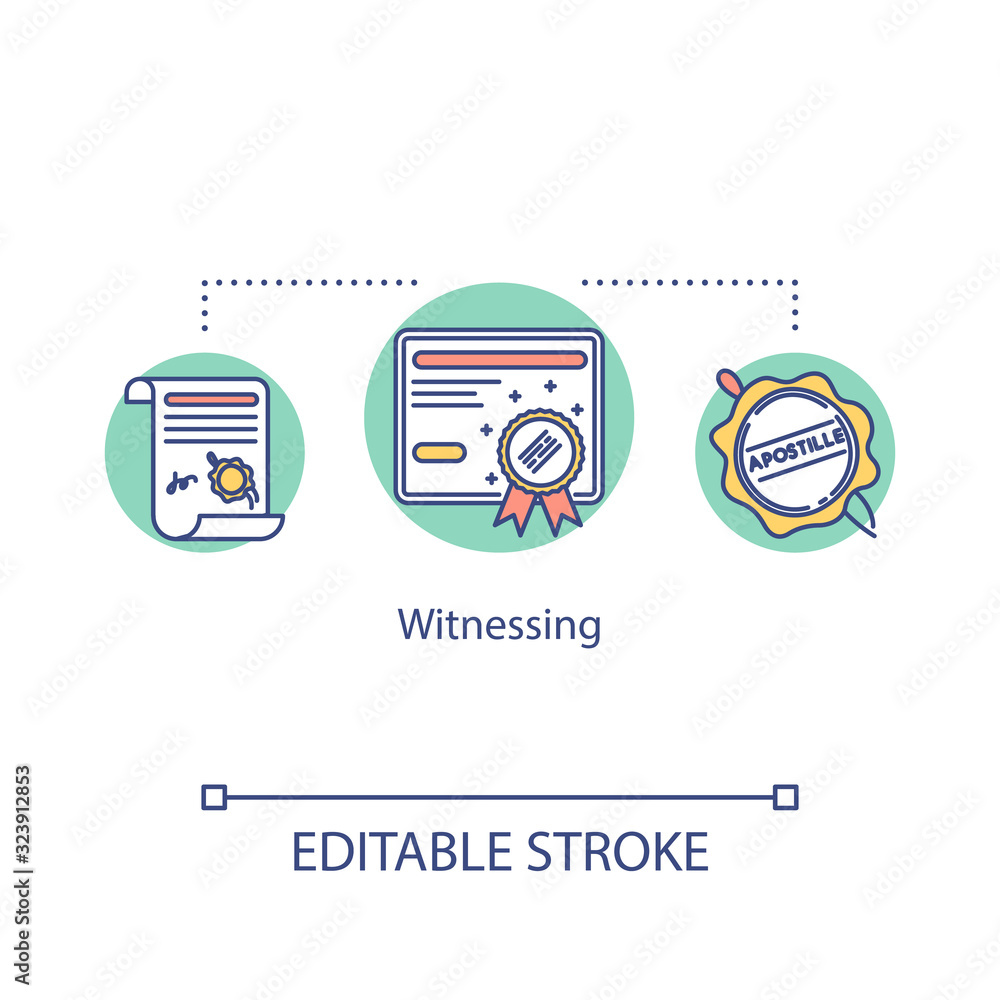 Witnessing concept icon. Confirmed testimony. Approved evidence. Valid document. Proof for courthouse. Law idea thin line illustration. Vector isolated outline RGB color drawing. Editable stroke