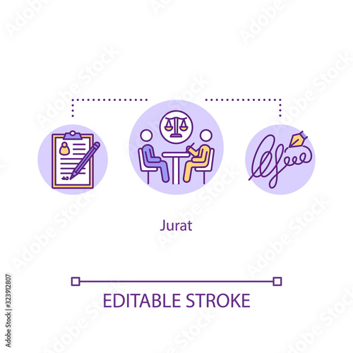 Jurat concept icon. Advocate assistance. Contract confirmation. Affidavit and official document. Common law idea thin line illustration. Vector isolated outline RGB color drawing. Editable stroke