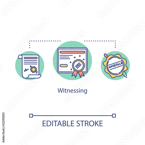 Witnessing concept icon. Confirmed testimony. Approved evidence. Valid document. Proof for courthouse. Law idea thin line illustration. Vector isolated outline RGB color drawing. Editable stroke