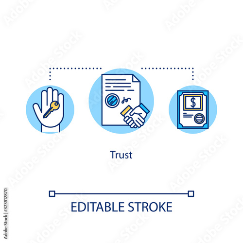 Trust concept icon. Cooperation and collaboration. Partnership deal. Assurance document. Common law idea thin line illustration. Vector isolated outline RGB color drawing. Editable stroke
