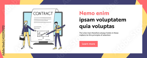 Business owners signing electronic document. Signature, businessmen, partners, pen flat vector illustration. Deal, agreement, partnership concept for banner, website design or landing web page
