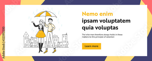 Young couple dating in rain. Man and woman walking, holding umbrella, parasol flat vector illustration. Weather, protection, climate concept for banner, website design or landing web page