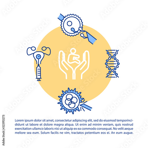 Reproductive technology concept icon with text. Embryology, genetics. Injection into ovary cell. PPT page vector template. Brochure, magazine, booklet design element with linear illustrations